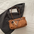 Brown frosted suede shoulder bag with beaded charm and strap details on blazer - With Pendant / Brown