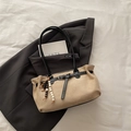 Minimalist beige matte suede tote bag with black contrast handles and beaded charm - With Pendant / Khaki