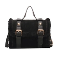 Elegant black faux fur handbag with leather straps and gold metal buckles for women - Black