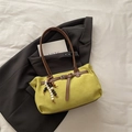 Retro mustard green suede handbag with brown strap detail and colorful beaded tassel - With Pendant / Green