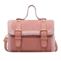 Pink faux fur trim handbag featuring gold buckle details and top handle for women - Pink