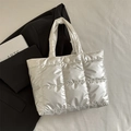 Silver quilted tote bag with puffer finish and metallic texture for chic daily commuting - Off White