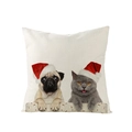 Christmas pillowcase with dog and cat in Santa hats on beige linen texture fabric - Pug and Cat with Christmas Hats (JYM076-6)