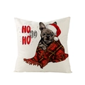 Christmas french bulldog pillow cover with red plaid blanket and HO HO HO text - Frenchie with Hat and Plaid Blanket (JYM076-14)