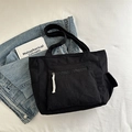 Large black corduroy tote bag with zipper front pocket for women's daily commute - Black