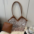 Transparente PVC-Tragetasche mit Kirschmuster und brauner Innentasche auf Weiß - Braun