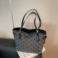Bolso tote de lona con lunares, correas de cuero negro y bordado de lazos estilo retro - Estilo Lazo de Lunares / Negro