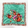 Macro detail of glossy satin scarf with green center, red roses and leopard print border - 3# Recommended (Bright Green)