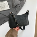 Minimalist black corduroy baguette bag with elegant gold chain shoulder strap for women - Black