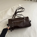Dark brown faux leather Boston bag with silver hardware and adjustable shoulder strap - Dark Brown