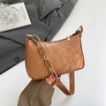 Brown vintage faux leather handbag with vertical texture and decorative resin chain - Brown