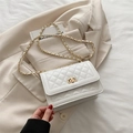 White quilted shoulder bag with gold twist lock and woven chain strap for women - White