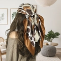 Retro satin square scarf with leopard chain print, worn as an elegant headscarf wrap - Leopard Brown Polka Dot