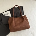 Minimalist large tote bag in dark brown suede finish with slender shoulder straps - No Pendant / Brown