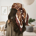Brown and orange leopard print satin square headscarf with white border for women - K Leopard Brown Edge