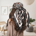 Leopard and chain print satin silk headscarf worn as a hair accessory in a modern interior - K Leopard Classic