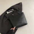 Classic black textured leather tote bag with brand logo for daily office commute - No Pendant / Black