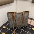 Retro grey canvas tote bag with brown leather handles and fashion logo plaque - Gray