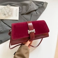 Elegant wine red shoulder bag in suede and leather patchwork with silver buckle - Red