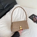Vintage light brown textured leather underarm bag with elegant gold metal buckle closure - Khaki