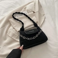 Black suede-texture shoulder bag with woven strap and silver flower chain decoration - Black without Pendant
