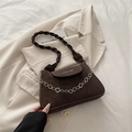 Dark brown matte leather shoulder bag with decorative silver petal chain and woven strap - Coffee without Pendant