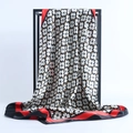 Floral satin silk scarf 90x90cm with daisy pattern and red border on black frame - Black Red / 90x90cm