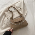 Brown matte suede crossbody bag with decorative silver floral chain and woven strap - Khaki (No Pendant)