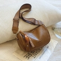 Retro brown Boston bag in PU leather with FASHION logo and wide patterned strap - Brown