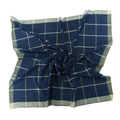Macro detail of navy cotton square scarf featuring gold thread plaid and metallic borders - Navy Blue