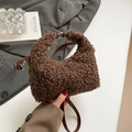 Brown sherpa crescent hobo bag with leather handles and silver hardware detailing - Coffee Small