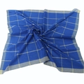 Macro detail of navy plaid cotton scarf with interwoven gold metallic thread and hem - Blue