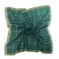 Detailed view of dark green silk scarf with gold grid pattern and stitched edges - Green
