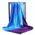 Detail of blue to purple gradient satin square scarf hanging on a minimalist display stand - 90x90cm / Blue Purple Gradient