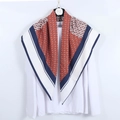 Elegant 90cm twill satin square scarf with monogram print and bold orange blue border - Burgundy