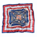Detailed flat lay of 90x90cm satin scarf with blue and gold baroque equestrian patterns - Navy Blue