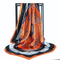 Elegant Hermes orange satin square scarf with vintage chain and horse bit patterns - Orange