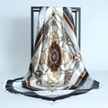 Detail of luxury 90x90cm satin square scarf with equestrian chain and medal print design - Black and White