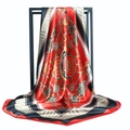 Elegant 90x90cm satin silk square scarf with classic red and black equestrian horse print - Red