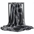 Minimalist black and white chain print satin square silk scarf on a metal display stand - Black
