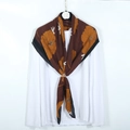 Pleated autumn winter thick shawl scarf with vintage orange floral patterns on dark chocolate - Black Border