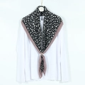 Leopard print cotton linen square scarf with pleated pink border and gold buckle - 90*90cm (Before Pleating) / Black with Khaki Border