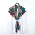 Women's pleated brown shawl with blue floral prints and golden scarf buckle - Wine Red And Lake Blue