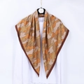 Square camouflage silk scarf in brown and beige with dark borders, hanging display - Orange