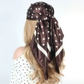 Coffee brown polka dot satin silk scarf tied on a mannequin with white stripe borders - Coffee Small Polka Dot