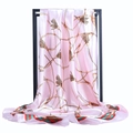 Pink satin square scarf with elegant gold chain print and classic striped borders - Pink