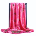 Classic satin silk scarf with pink horse carriage print and decorative red green border - Rose Red