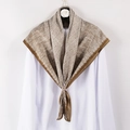 Detail showing brown and white geometric texture silk scarf with dark brown wide border - Brown Feather