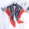 Retro square silk scarf in navy blue and orange with floral and bird print patterns - Red Floral Bird