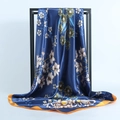 Elegant navy blue 90x90cm satin silk scarf with sunflower print and orange borders - Navy Blue